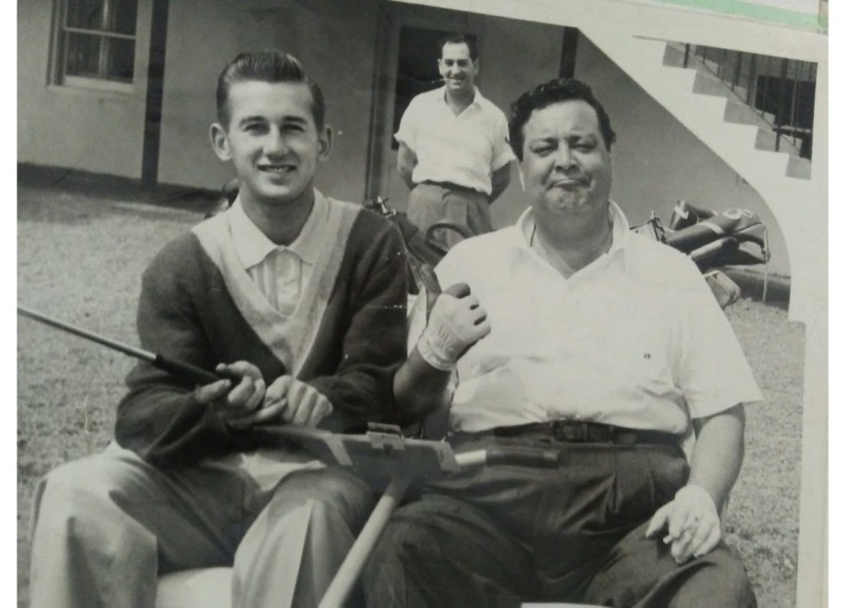 Vince Yanovitch yucks it up with the legendary performer Jackie Gleason, right, as the locker room attendant looks on. Gleason was effusive in his praise for Yanovitch, who offered the actor some swing tips.