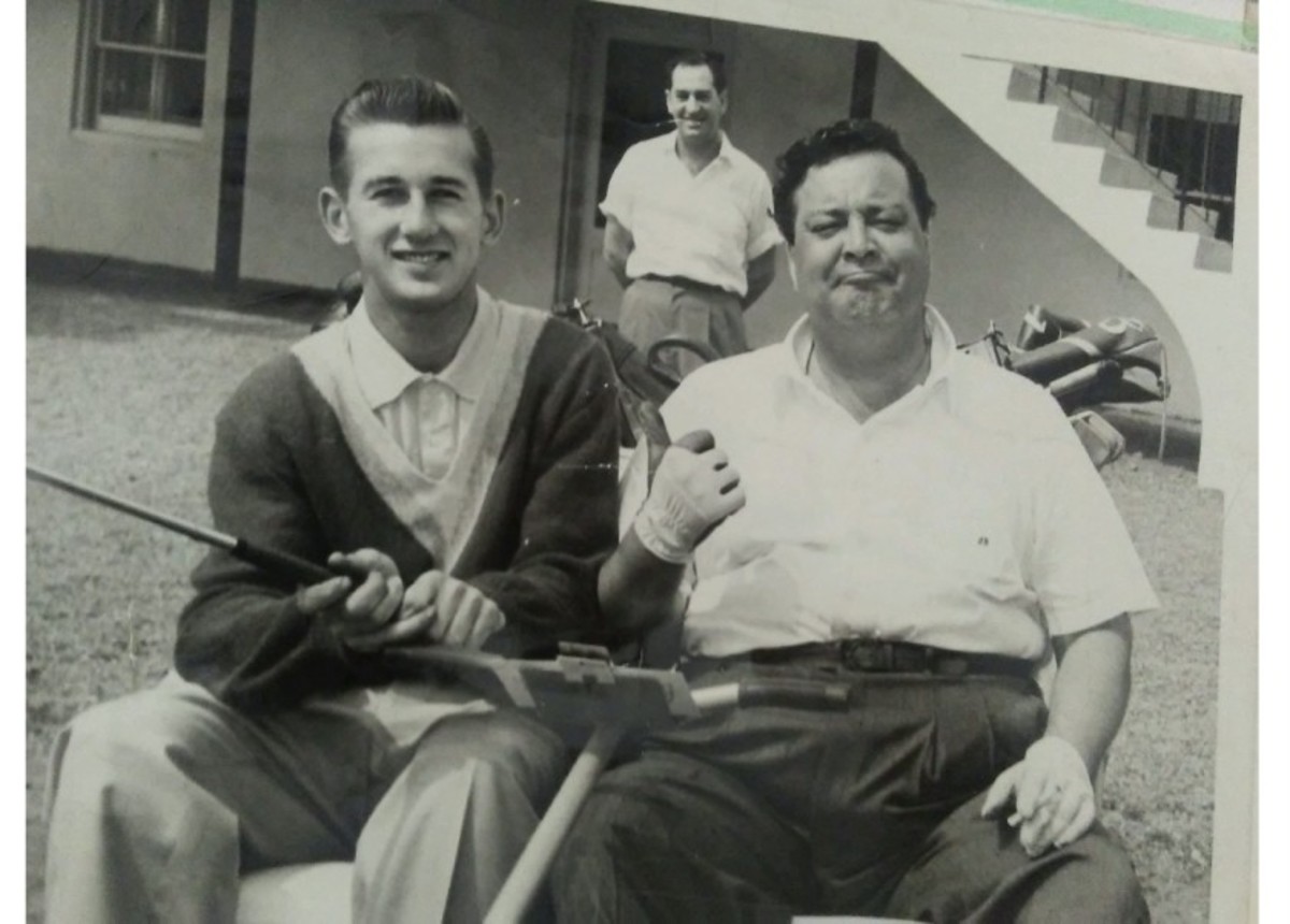 Vince Yanovitch yucks it up with the legendary performer Jackie Gleason, right, as the locker room attendant looks on. Gleason was effusive in his praise for Yanovitch, who offered the actor some swing tips. 