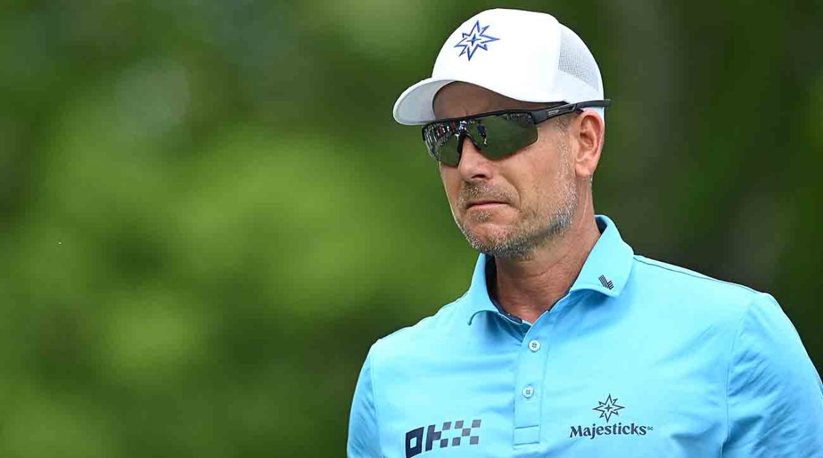 Henrik Stenson on the 9th hole during the first round of the 2023 LIV Golf event at The Greenbrier in West Virginia.