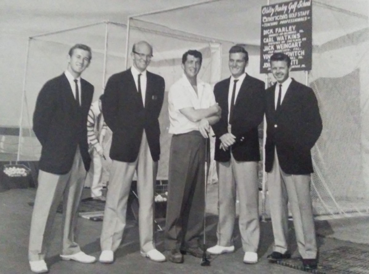 Taken at Miami's old Americana Hotel: Vince Yanovitch, far left, gave Dean Martin a putting lesson and received high praise from the A-list star after a round of 73.
