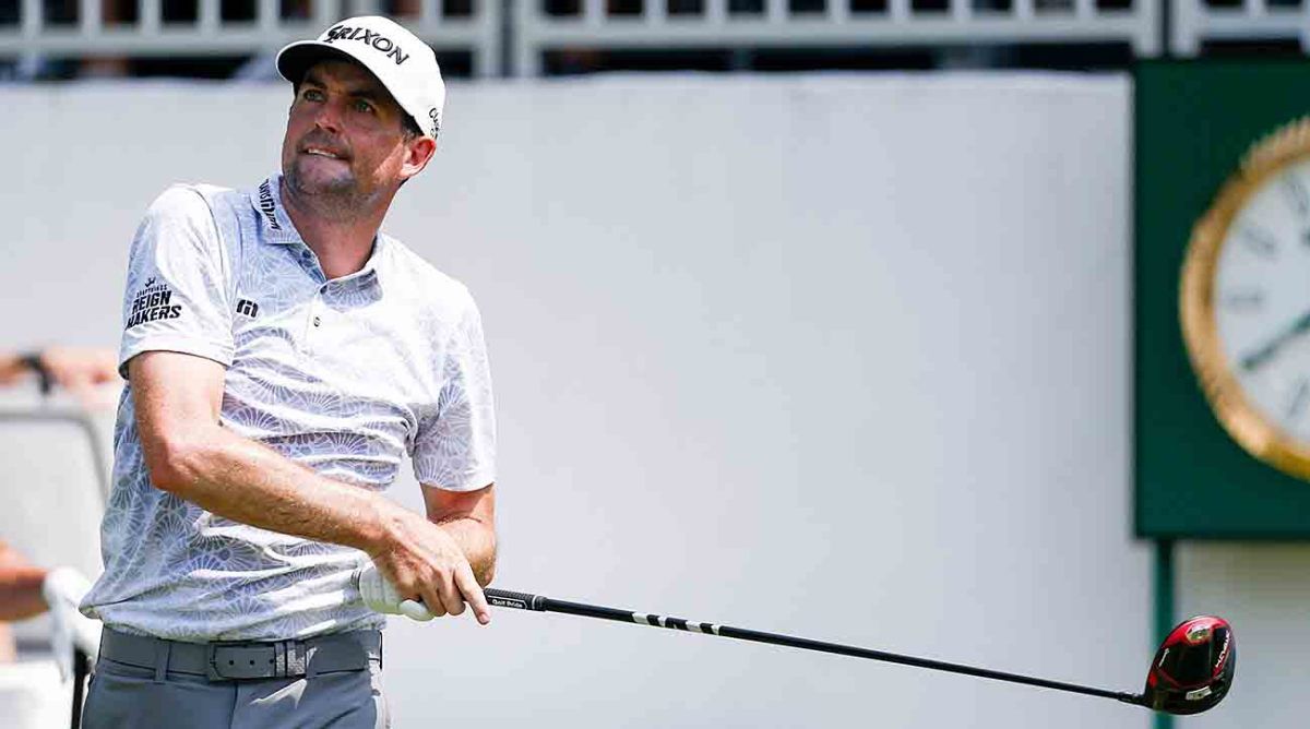Keegan Bradley tees off on the first hole during the second round of the 2023 FedEx St. Jude Championship at TPC Southwind in Memphis, Tenn.