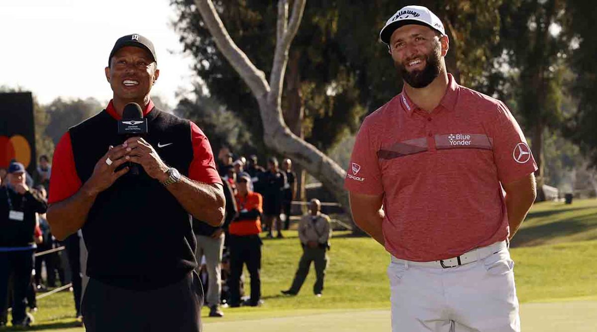 Genesis Invitational host Tiger Woods speaks alongside 2023 champion Jon Rahm.