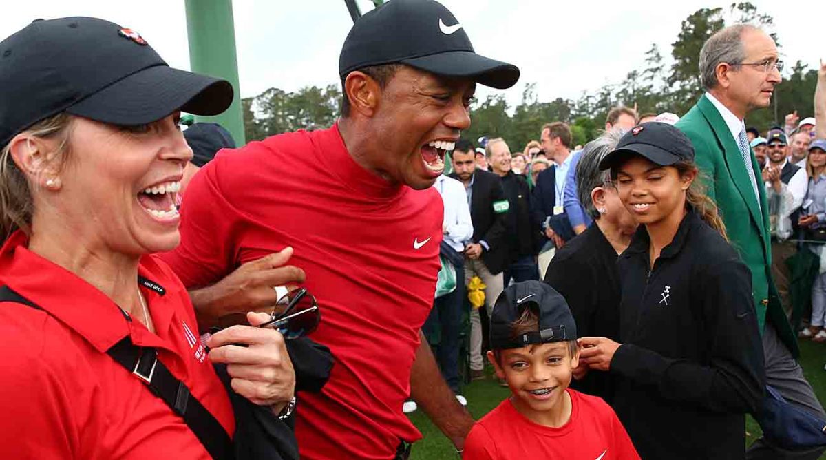 Tiger Woods celebrates with son Sam and daughter Charlie after winning the 2019 Masters.