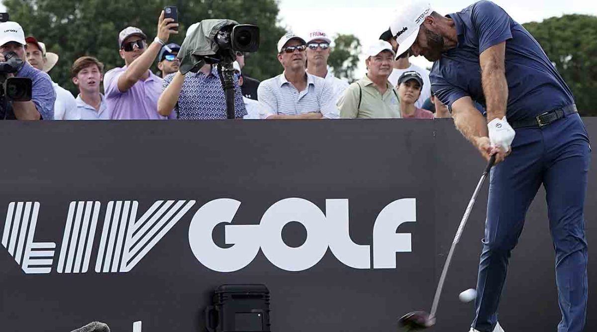 Dustin Johnson tees off at a LIV Golf event in 2022.