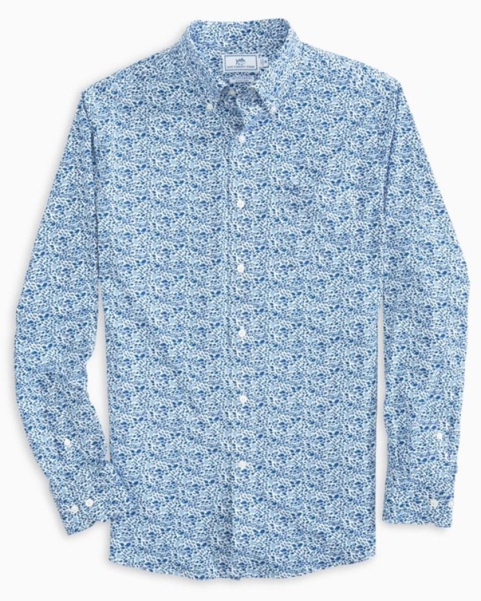 Southern Tide's Spume Intercoastal performance sport shirt in the heritage blue colorway.