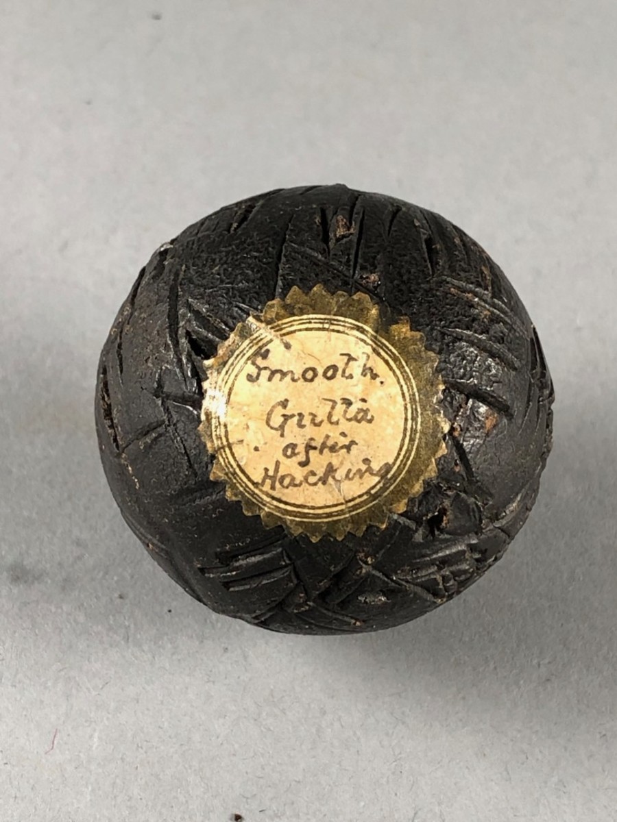 Circa 1850 random-pattern hand-hammered gutta-percha ball from the 1910 Harry B. Wood collection 