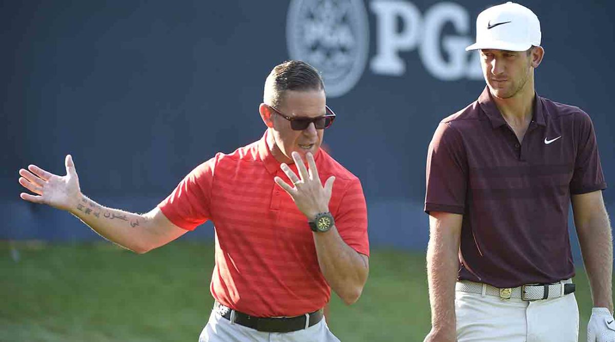 Teacher Sean Foley works with Kevin Chappell at the 2018 PGA Championship.