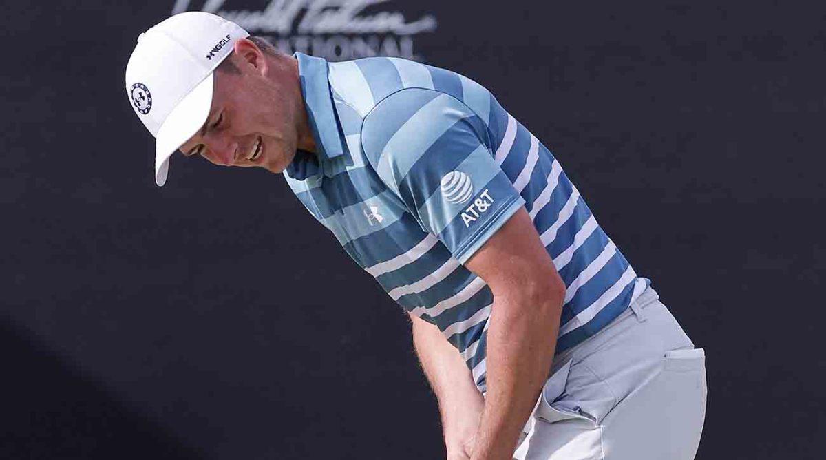 Jordan Spieth winces after a missed putt on the 14th hole in the final round of the 2023 Arnold Palmer Invitational.