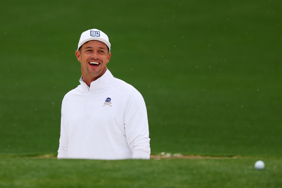 Bryson DeChambeau of the United States looks on in the practice area prior to the 2023 Masters Tournament at Augusta National Golf Club on April 03, 2023 in Augusta, Georgia.