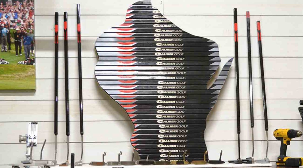 An outline of the state of Wisconsin is shown at Caliber Golf's headquarters in Kenosha, Wis.