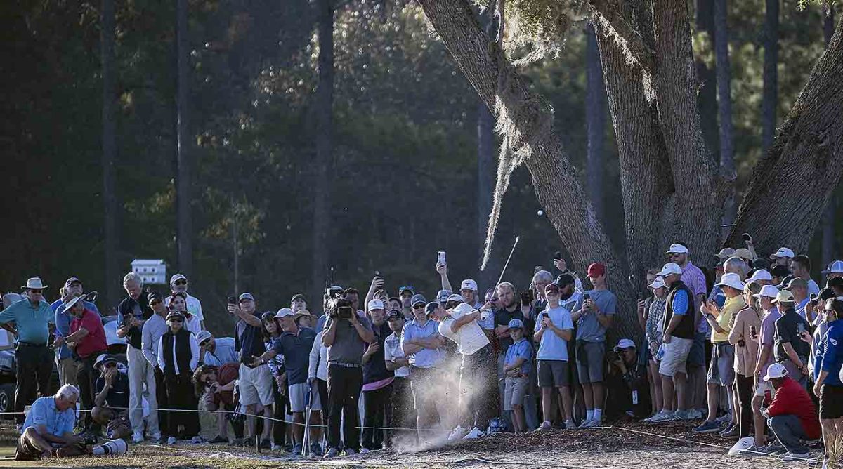 Rory McIlroy hits from off the fairway at the 2022 CJ Cup in South Carolina.