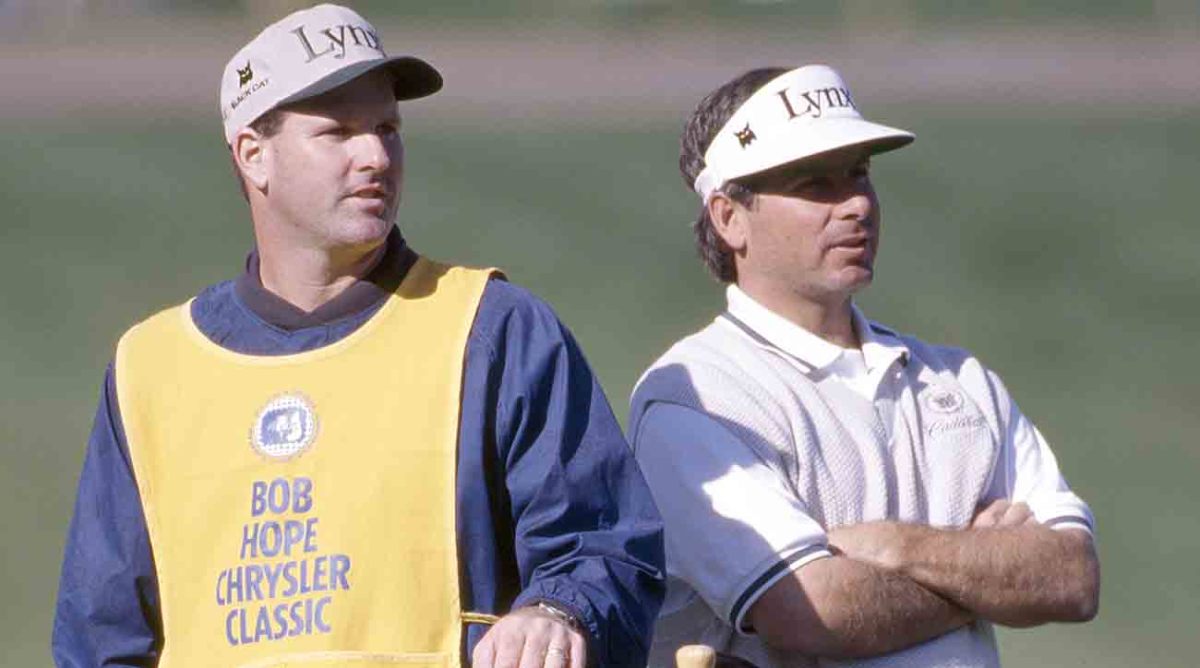Fred Couples and caddie Joe LaCava are pictured at the 1996 Bob Hope Chrysler Classic Chrysler Classic.