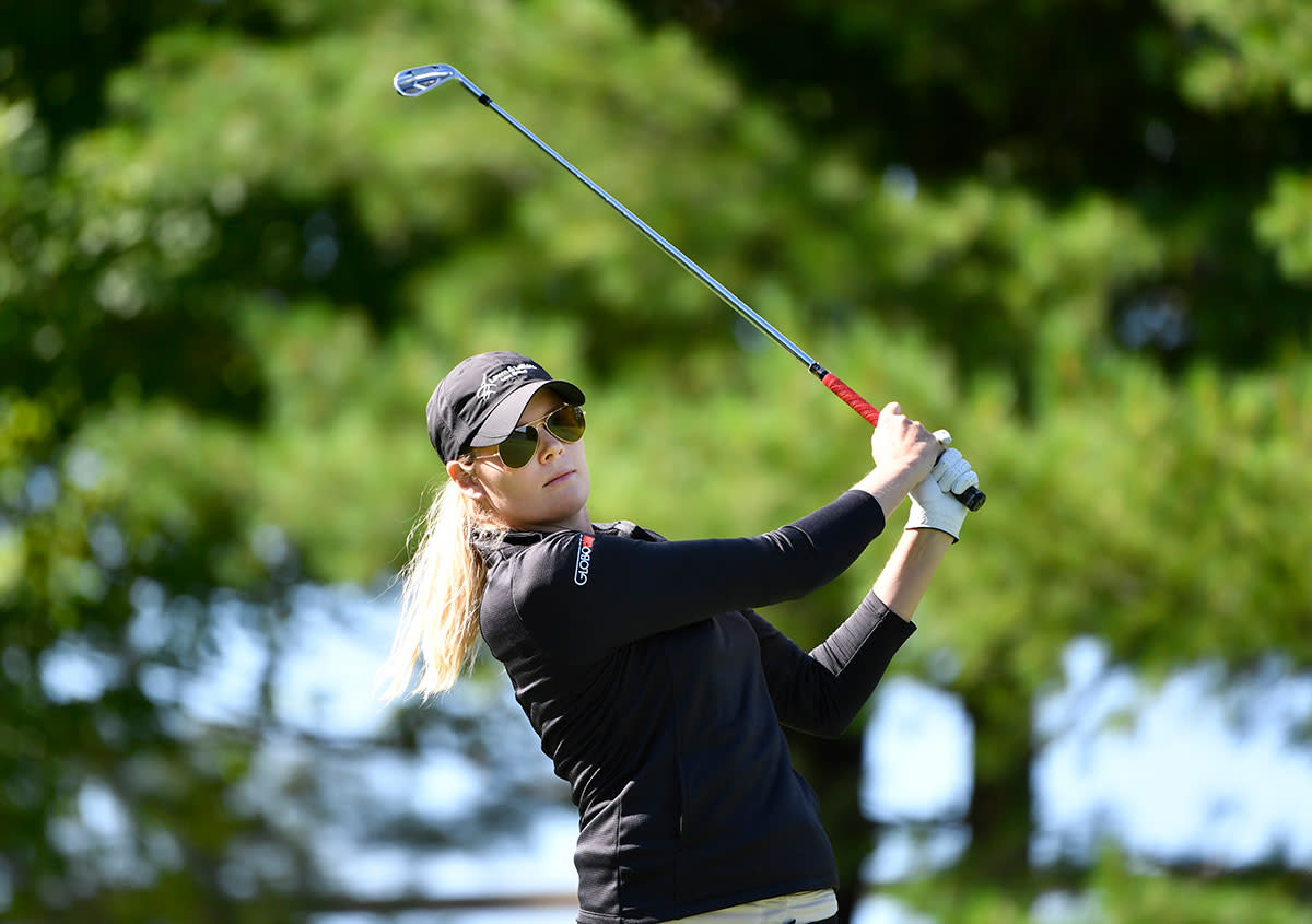 Maude-Aimee Leblanc tees off in 2019 at the CP Women's Open in Ontario.