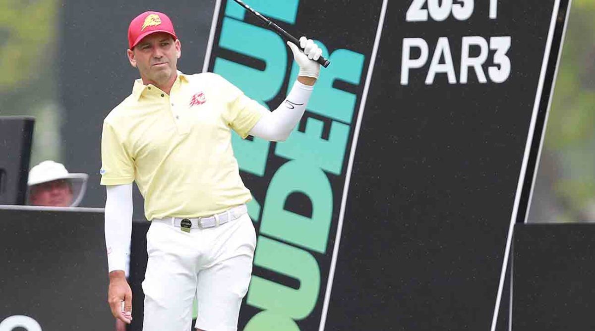 Sergio Garcia watches a tee shot at the 2023 LIV Golf Tulsa event.