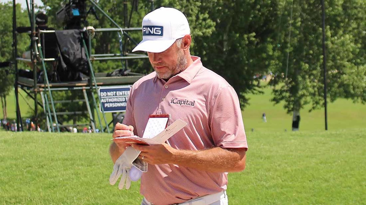 Lee Westwood walks between holes in the first round of the 2022 PGA Championship.