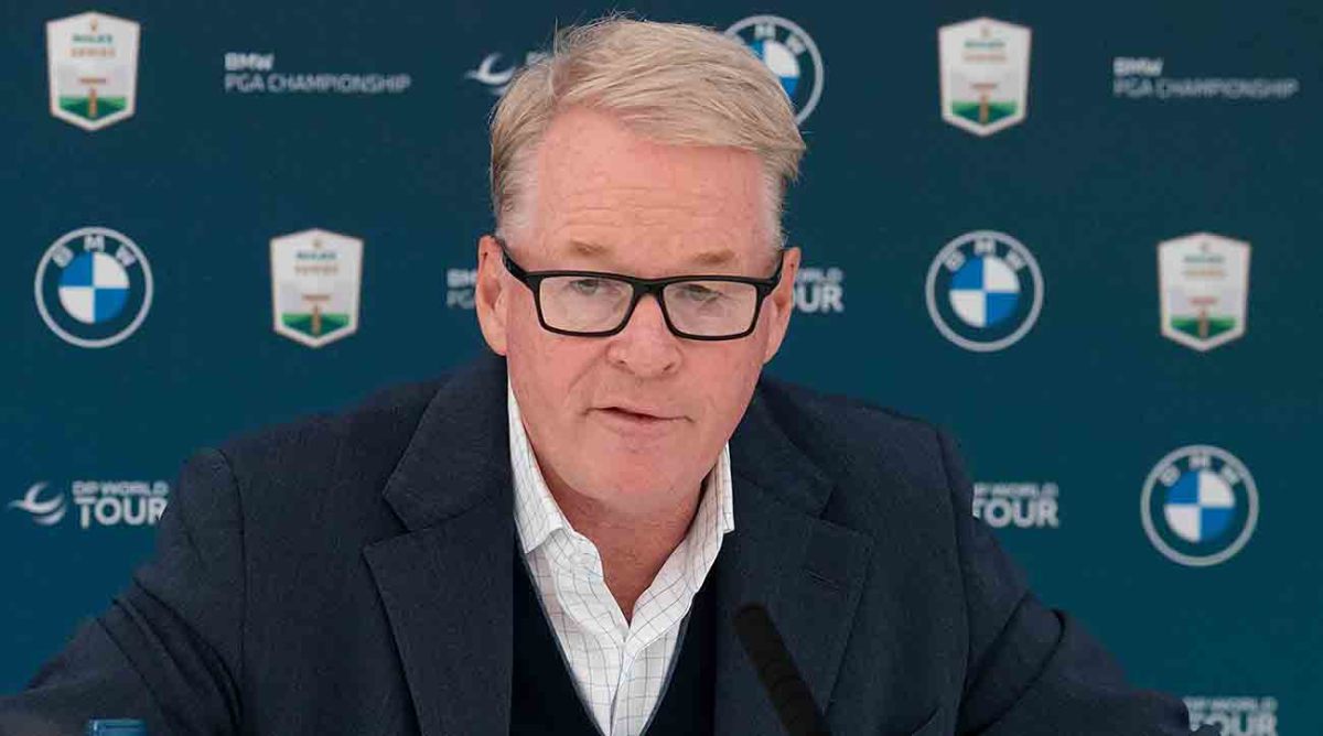 DP World Tour CEO Keith Pelley is pictured at a press conference during the 2022 BMW PGA Championship Celebrity Pro-Am at Wentworth Club.
