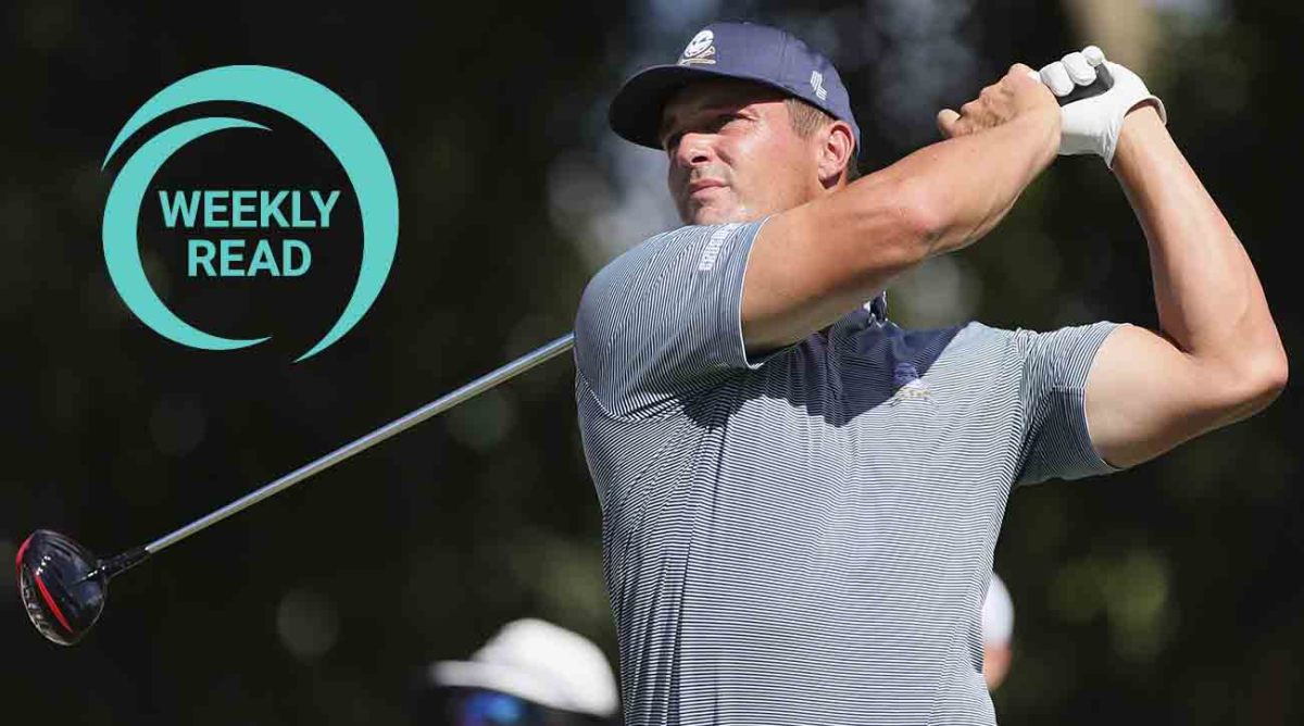 Bryson Dechambeau is pictured during the 2023 LIV Golf Miami golf tournament at Trump National Doral alongside the SI Golf Weekly Read logo.