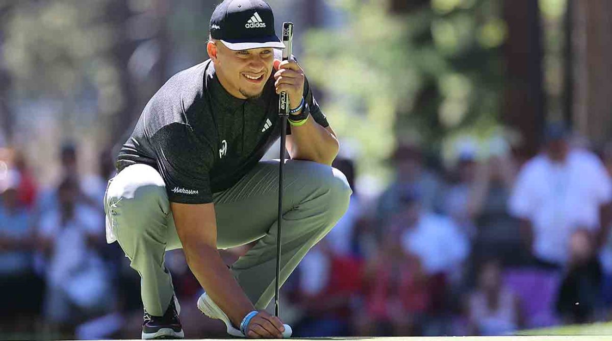 Patrick Mahomes of the NFL's Kansas City Chiefs lines up a putt at the 2023 American Century Championship at Edgewood Tahoe Golf Course Stateline, Nevada.