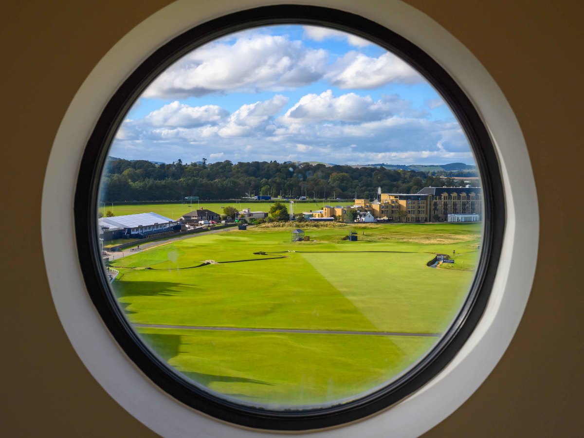 The view outside one of the turret windows of Grand Hamilton Apartment 24, looking down the 18th of the Old Course.