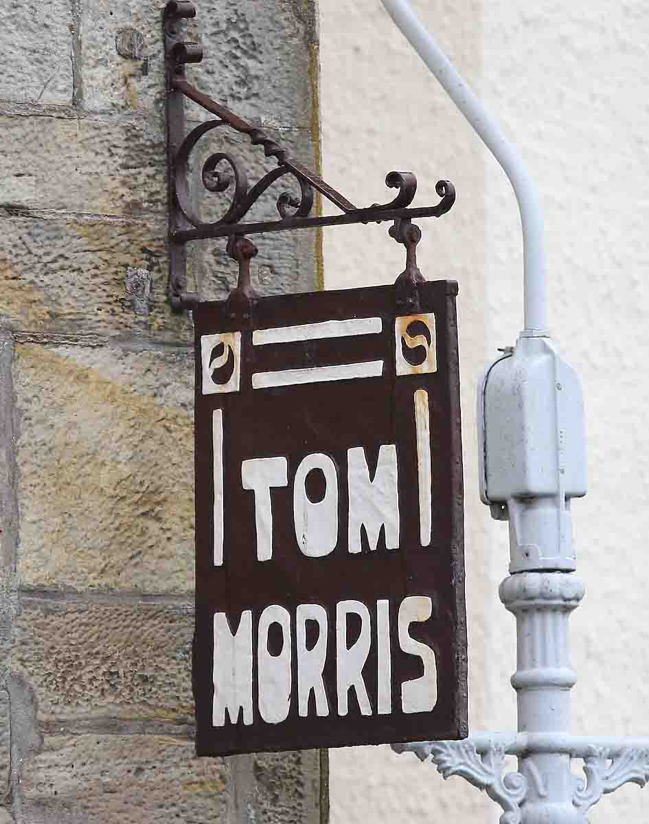 Close-up of the Tom Morris shop sign during the 2014 Alfred Dunhill Links Championship at the Old Course at St. Andrews.