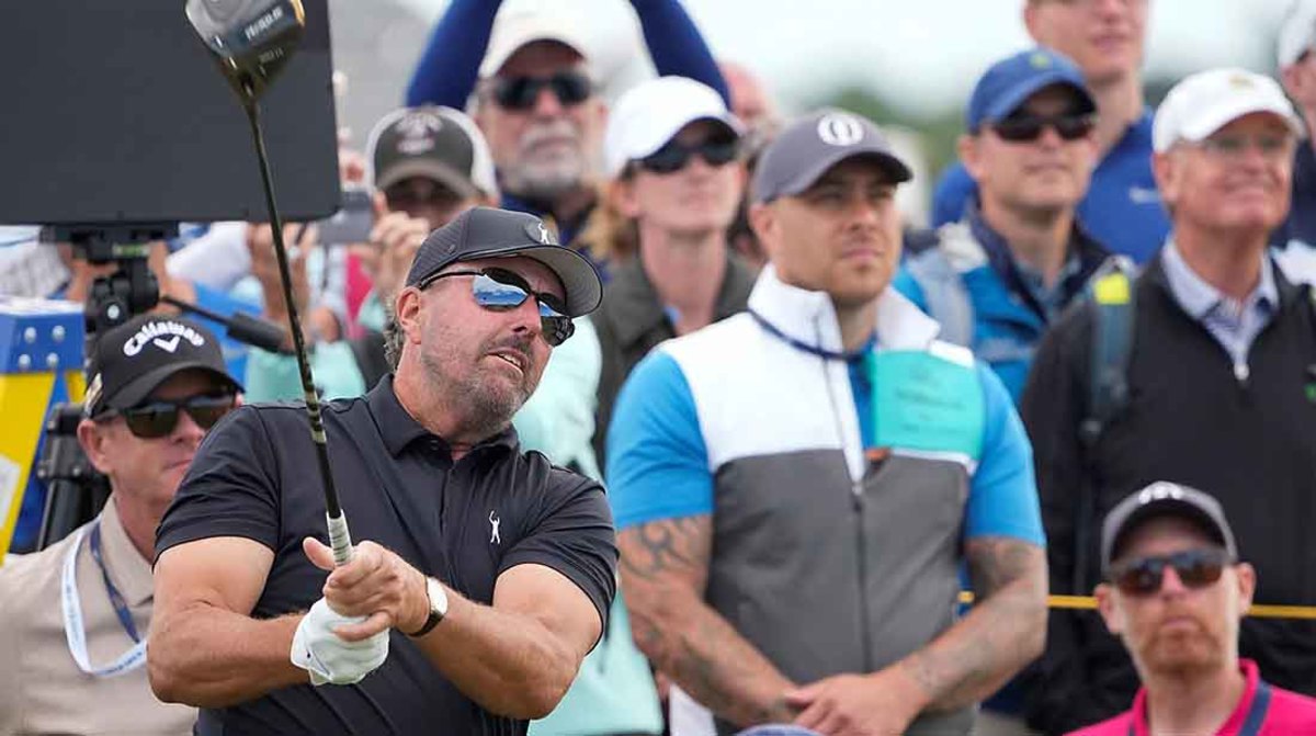 Phil Mickelson is pictured during a practice round for the 2022 British Open at St. Andrews.