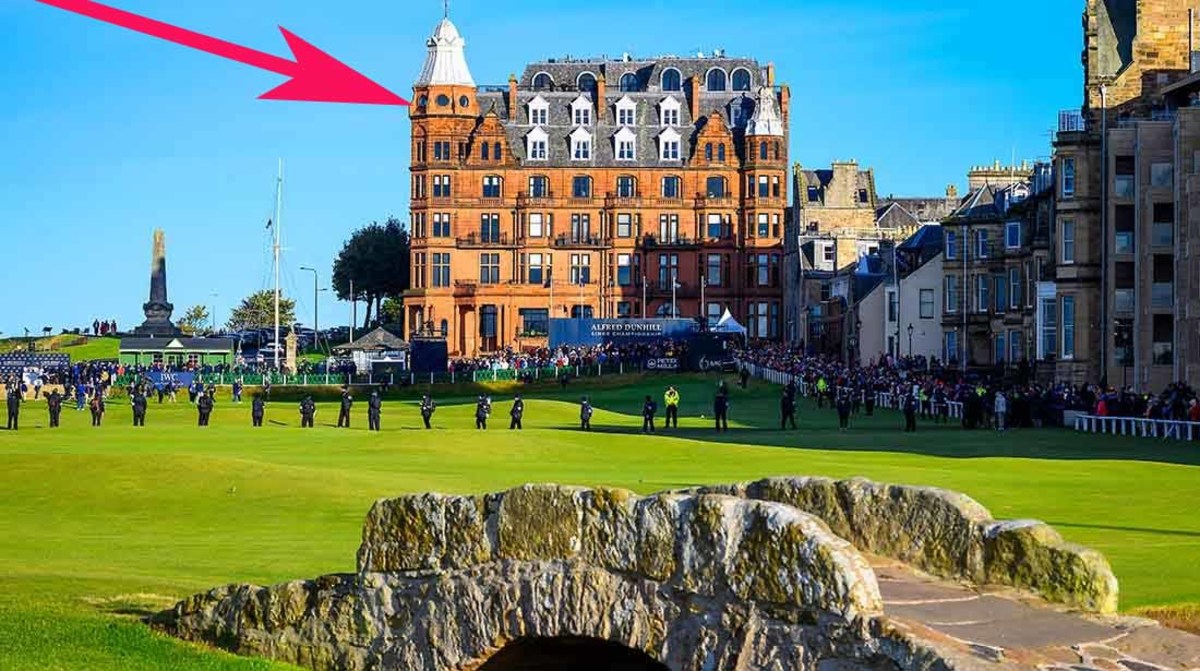 Grand Hamilton Apartment 24 is pictured behind the 18th green at the Old Course at St. Andrews. It's at the top left of the building, the turret with round windows.