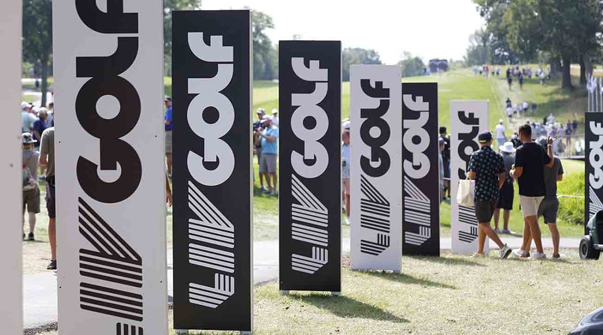 LIV Golf signs are pictured at a 2022 event.