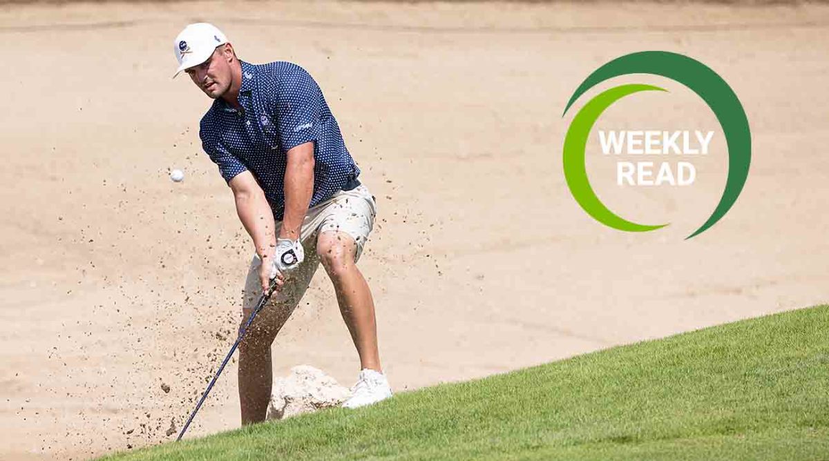 Bryson DeChambeau hits from a bunker during the 2023 LIV Golf Jeddah tournament, along with the SI Weekly Read logo.