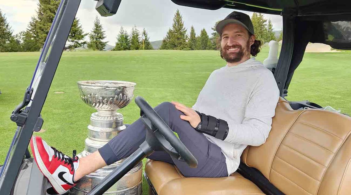Las Vegas Golden Knights player Mark Stone with the Stanley Cup in Montana