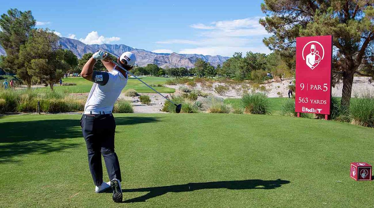 Tom Kim tees off on the ninth hole during the final round of the Shriners Children's Open on October 9, 2022, at TPC Summerlin in Las Vegas.