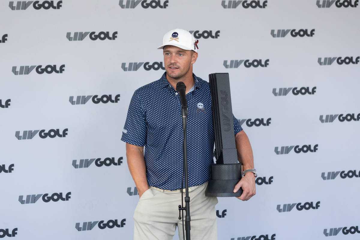 Bryson DeChambeau answers questions at the press conference following his win at LIV Golf Chicago.