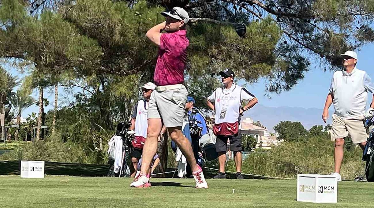 NASCAR driver Ricky Stenhouse Jr. tees off during the 2023 Shriners Children's Open pro-am.