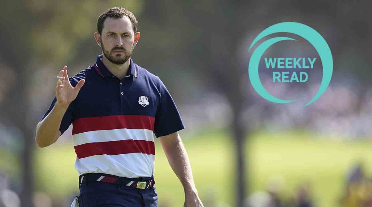 United States' Patrick Cantlay reacts to the crowd on the 1st green during their singles match at the Ryder Cup golf tournament at the Marco Simone Golf Club in Guidonia Montecelio, Italy, Sunday, Oct. 1, 2023, along with the Weekly Read logo.
