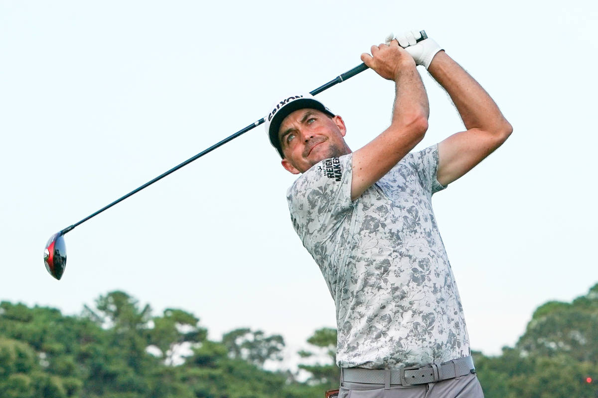 Keegan Bradley tees off the 16th hole during the third round of the TOUR Championship at East Lake Golf Club.