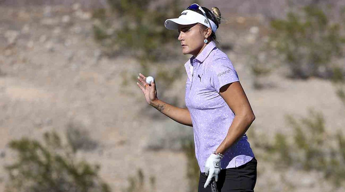 Lexi Thompson waves after making a putt on the sixth hole during the first day of the 2023 Shriners Children's Open in Las Vegas.