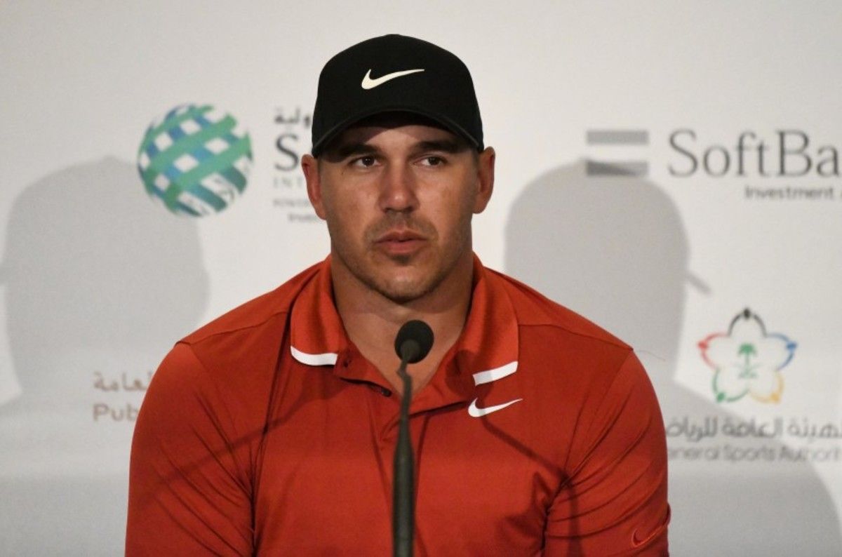 Brooks Koepka addresses media members Tuesday before the Saudi International in King Abdullah Economic City, Saudi Arabia.