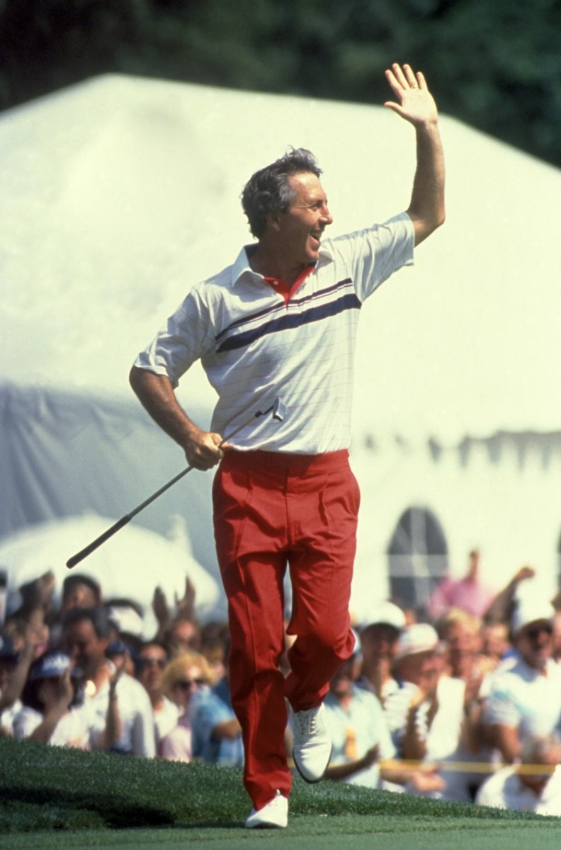Hale Irwin prances around the 18th green at Medinah after sinking an improbable putt to force a playoff in the 1990 U.S. Open, which he eventually would win. 