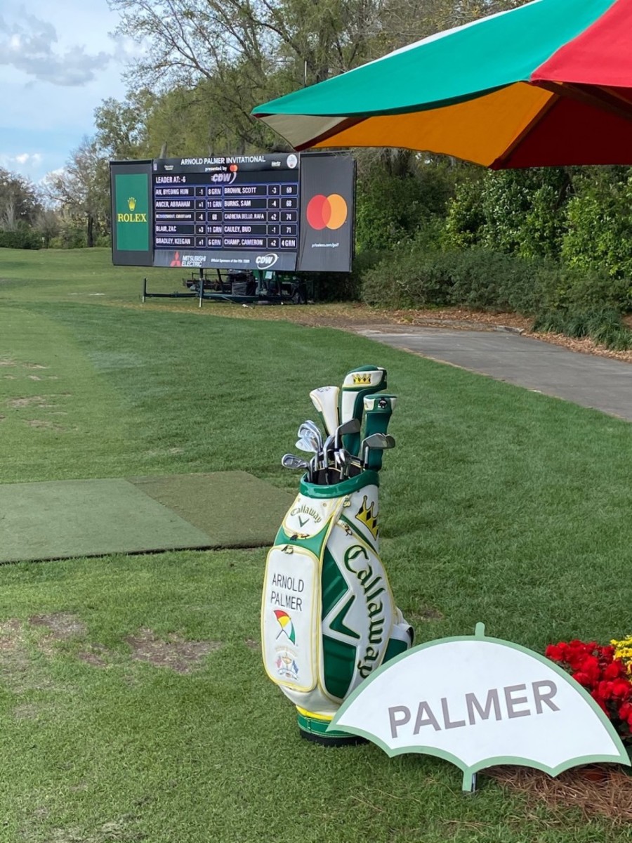 The late Arnold Palmer’s bag stands at the end of the practice tee at Bay Hill Club and Lodge in Orlando, Fla., site of this week’s Arnold Palmer Invitational. 