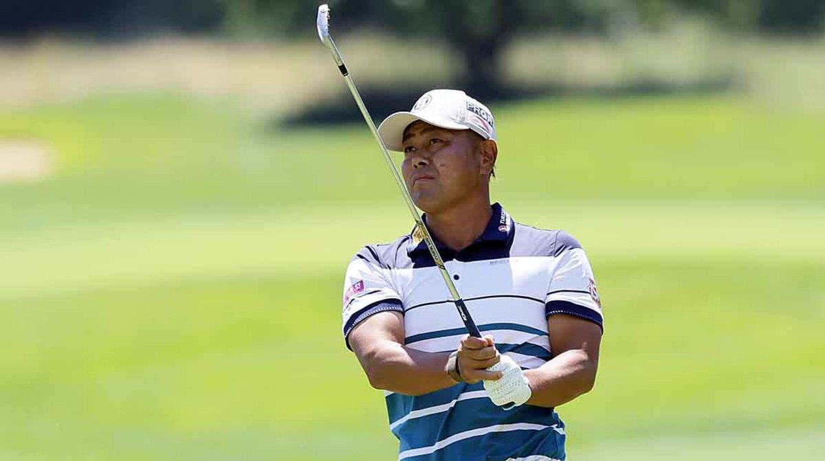 Hideto Tanihara watches a shot at the 2022 LIV Golf Invitational Series event in Portland, Oregon.