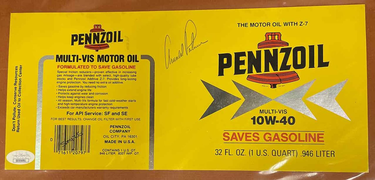 A Pennzoil motor oil label signed by Arnold Palmer is pictured at the 2022 Golf Heritage Society trade show.
