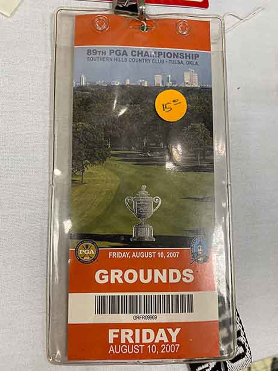 A ticket from the 2007 PGA Championship is shown at the 2022 Golf Heritage Society convention.