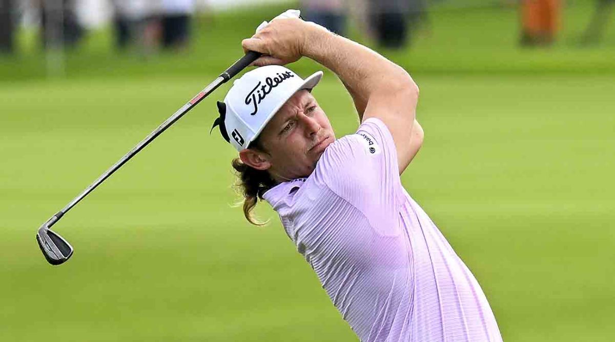 Cam Smith is pictured during Round 1 of the 2022 LIV Golf Invitational Bangkok, wearing a black ribbon on his hat to honor victims of a Thai mass shooting.