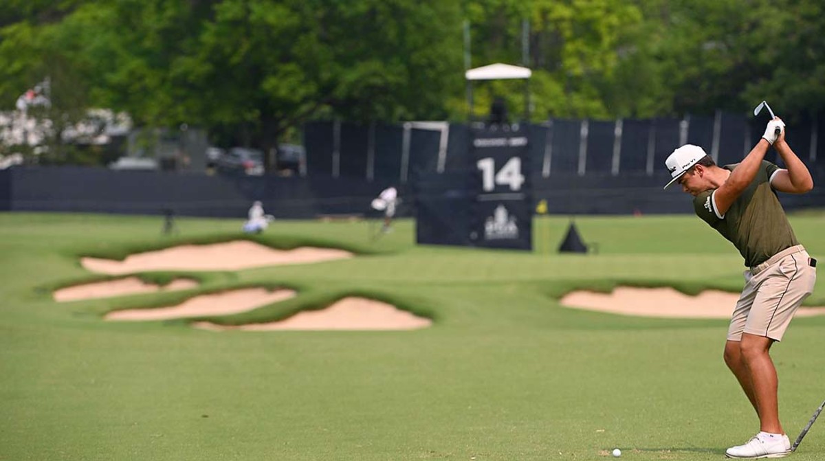 Garrick Higgo plays a shot to the 14th hole during practice for the 2022 PGA Championship at Southern Hills.