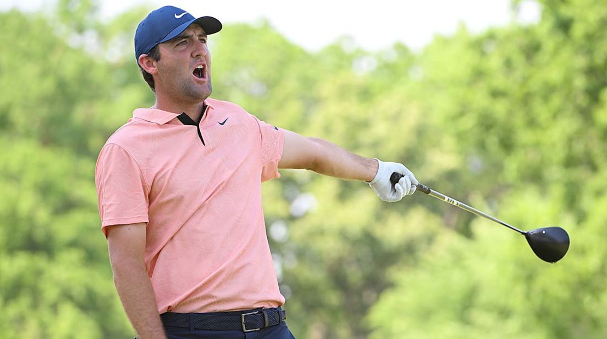 Scottie Scheffler yells after a wayward drive in the first round of the 2022 PGA Championship.
