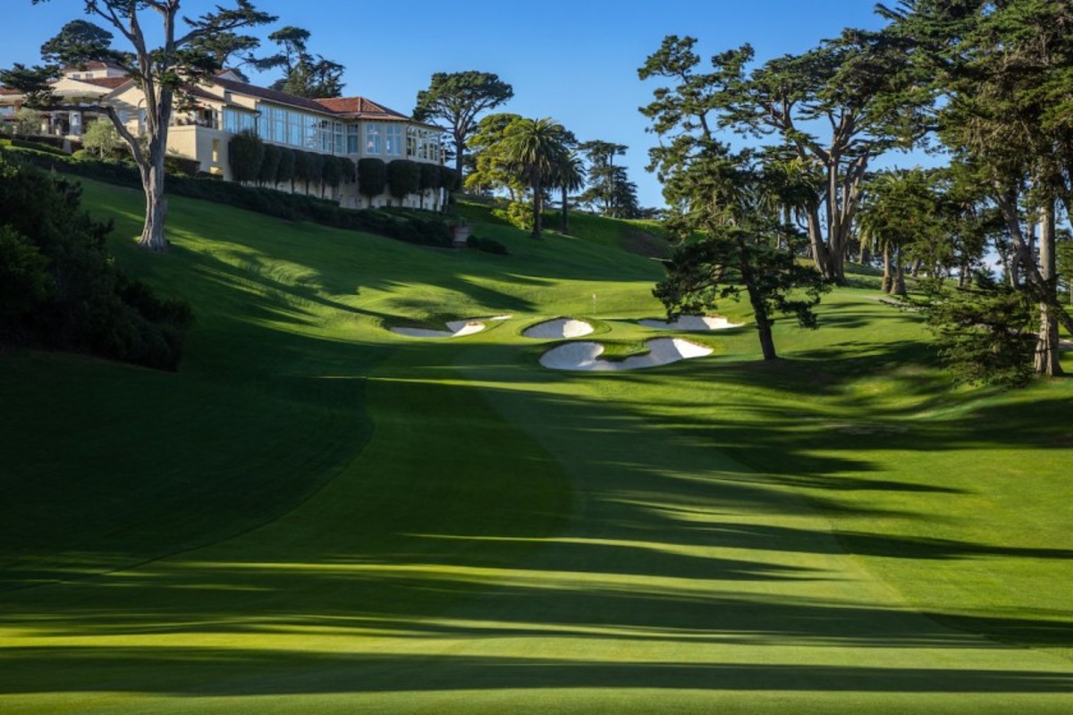 The par-4 18th hole features a heavily bunkered grand finish to the Olympic Club’s Lake Course in San Francisco. 