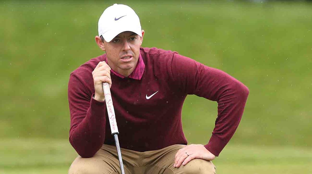 Rory McIlroy looks over a putt at the 2023 BMW PGA Championship at Wentworth in England.