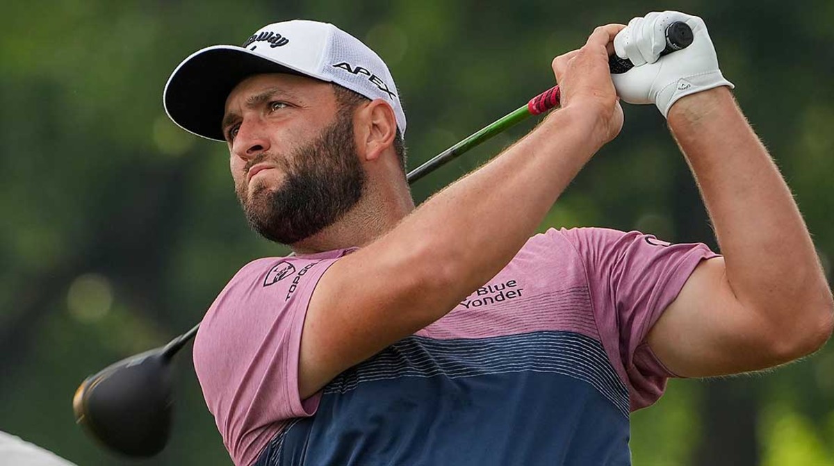 Jon Rahm watches a tee shot on Friday at the 2022 PGA Championship.