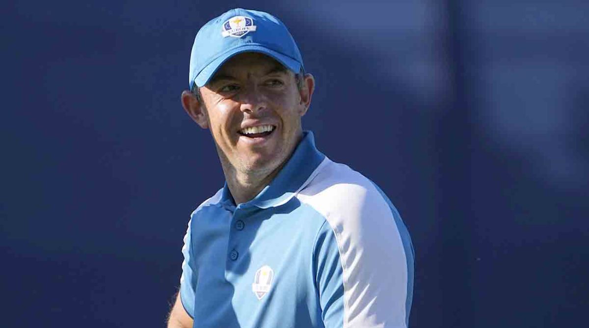 Team Europe golfer Rory McIlroy reacts to the video screen on the 6th hole during Day 1 at the 2023 Ryder Cup at Marco Simone Golf and Country Club.
