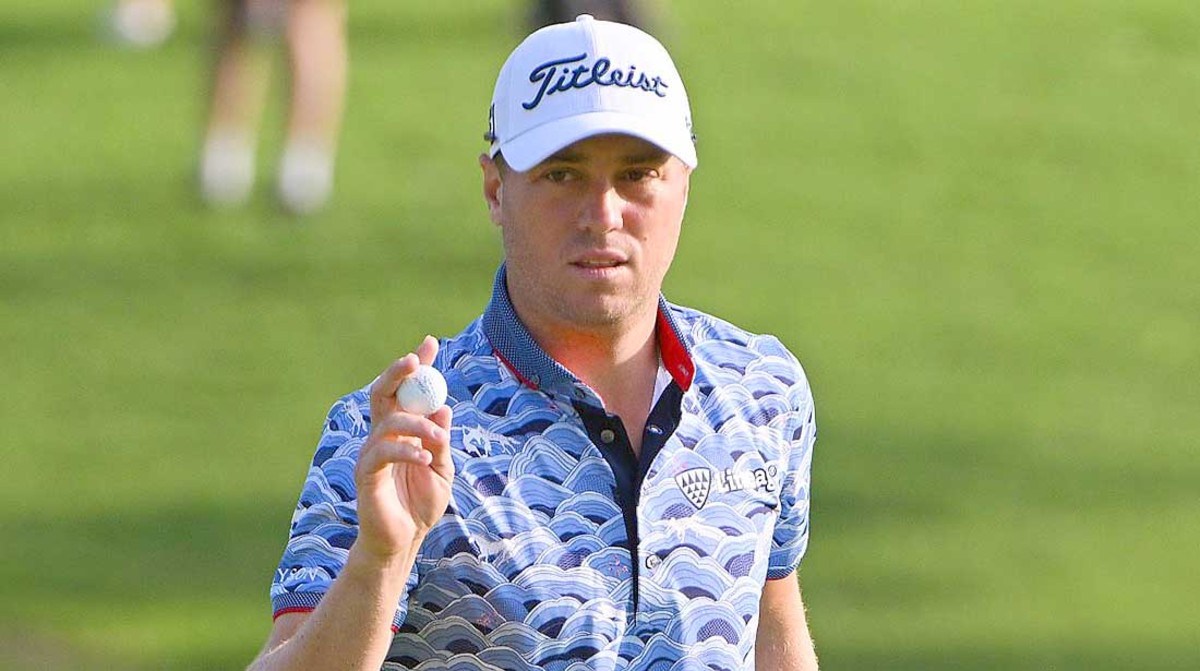 Justin Thomas acknowledges the crowd in the second round of the 2022 PGA Championship.