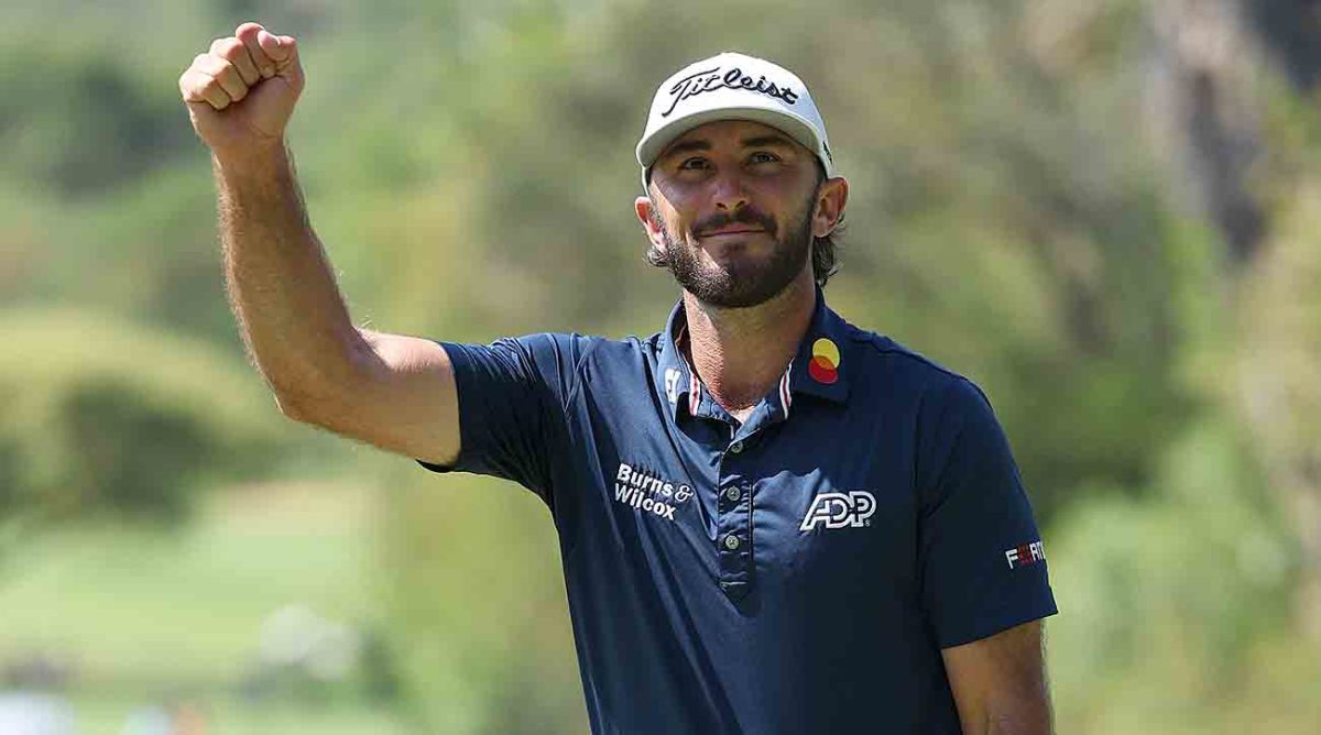 Max Homa celebrates victory after holing the winning putt on the 18th green during Day Four of the Nedbank Golf Challenge at Gary Player CC on Nov. 12, 2023 in Sun City, South Africa.